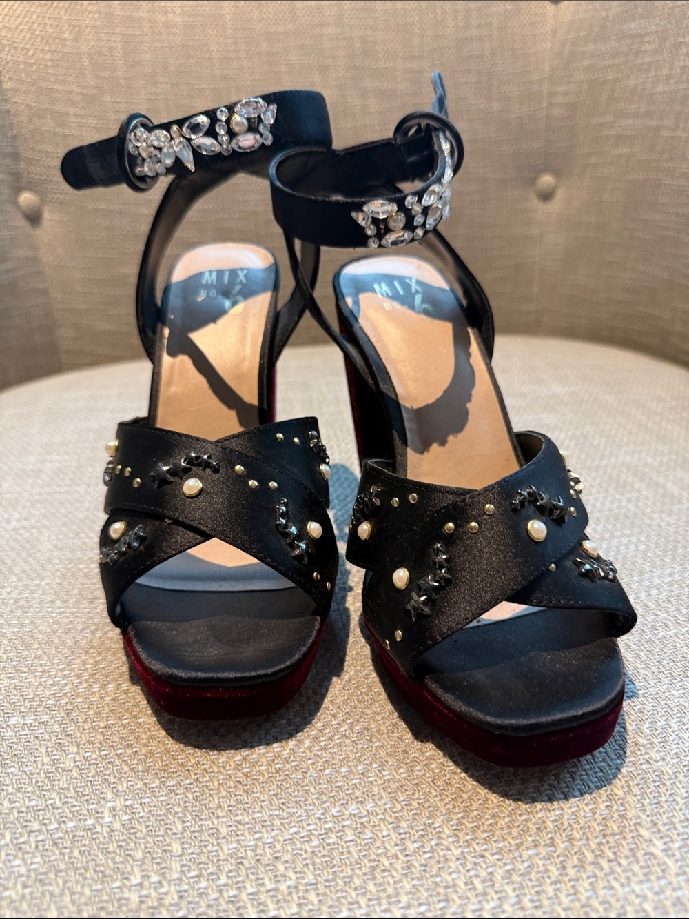 Mix No. 6 Black Embellished Ankle-Strap Platform Heels
